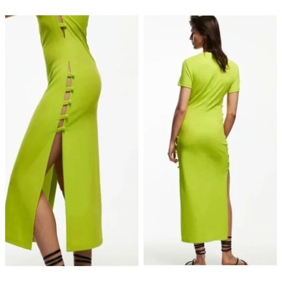 NWT Zara Lime Green Side Cut  Out Button Detail Midi Dress M - Picture 2 of 11